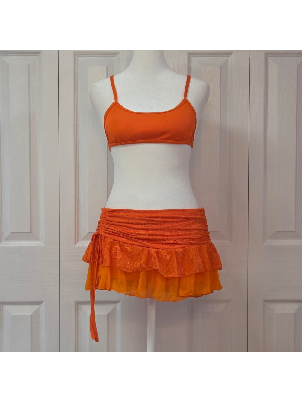Bright Orange Bikini & Mini Ruffle Sarong Skirt Set XS/S Y2K Retro Boho Tropical